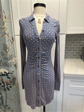 Free People Shayla Mini Dress Blue Geo Print Ruched Button Front Boho S